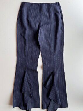 NWT SONIA RYKIEL Navy Blue Pinstripe Wool Silk Front Ruffle Slit Pants, Size S